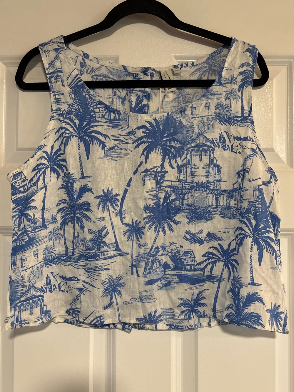 Joie Linen Blend Blue Palm Print Cropped Tank Top, size XL